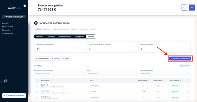 Assigner un rôle à un nouveau collaborateur sur WealthPro