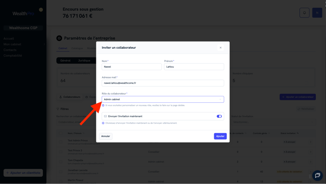 Assigner un role à un nouveau collaborateur sur wealthpro
