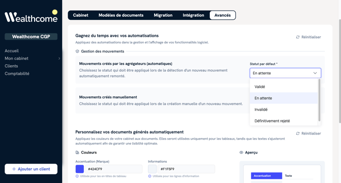 Paramétrer le statut des mouvements